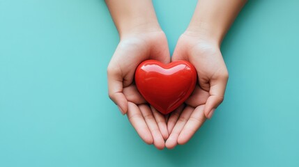 Obraz premium Two hands gently cradling a red heart. Perfect for charity, love, or healthcare concepts.