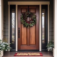 A traditional-style brown front door with a wreath and a welcoming doormat