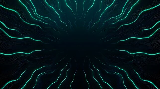 The image contains a dark background with teal, glowing, wavy lines emanating from the center, creating a radiating effect.