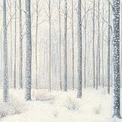 Delicate ivory white forest with slender tree trunks and soft snowfall