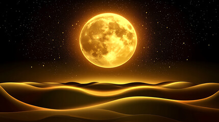 A glowing full moon casts golden light over tranquil desert dunes under a starry night sky