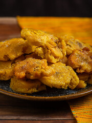 Plate full of tostones. Fried plantain, typical cuban food