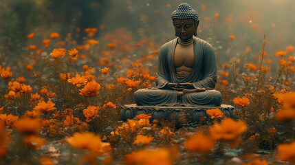 Buddha statue in the meadow with orange poppies