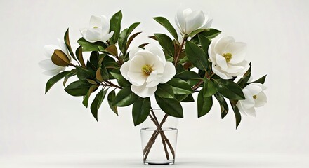 A Naturalistic Bouquet Featuring White Magnolia Blossoms and Glossy Green Leaves