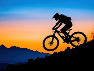 Obraz premium Silhouette of a Mountain Biker at Sunset Overlooking a Scenic Landscape