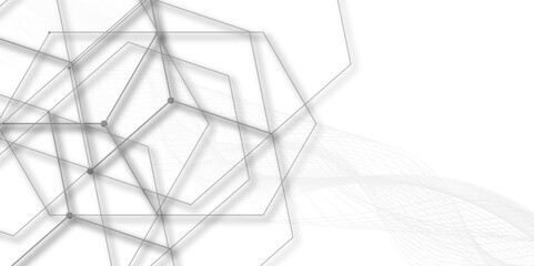 Abstract pattern with hexagonal white and gray technology line paper background. Geometric triangle shapes define this abstract modern background texture, enhanced by grainy noise. 