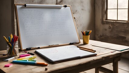 A rustic wooden desk holds a sketchbook, pencils, a whiteboard filled handwritten notes, suggesting a creative workspace.
