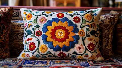 Vibrant Floral Embroidered Pillow on Ethnic Decor