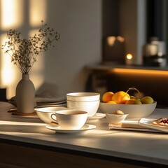 Obraz premium A stylish breakfast bar setup with coffee cups, fruit bowls, and soft lighting