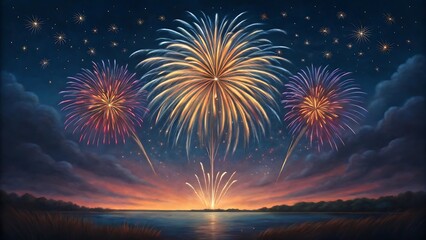 Stunning Fireworks Display Over Calm Lake at Sunset Night Sky Celebration