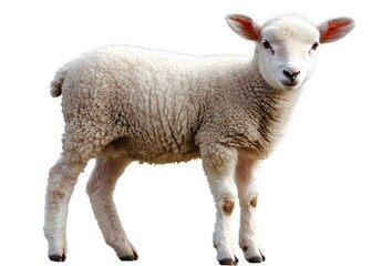 Obraz premium A Young Fluffy Lamb Stands Against White Background