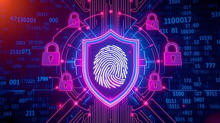 Stylized image of a digital shield with a fingerprint inside, surrounded by pink locks and binary code. Represents data security and technology