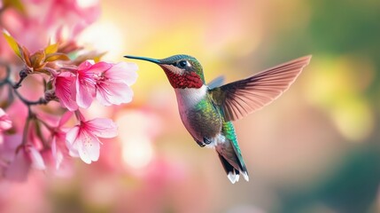 Fototapeta premium Hummingbird in flight near cherry blossoms