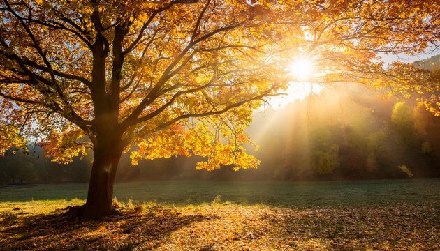 autumn tree footage with golden leaves and sunlight rays