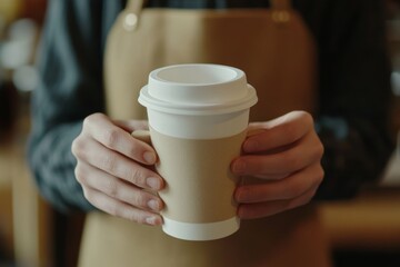 close-up photo of barista woman hands holding paper coffee cup with white lid in coffee shop 