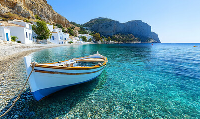 Obraz premium A small boat rests in crystal-clear turquoise water, near a picturesque whitewashed village nestled against a dramatic cliffside