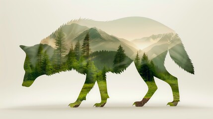 A creative double exposure image featuring a wolf silhouette filled with a vibrant landscape of forests and mountains, showcasing the connection between nature and wildlife.