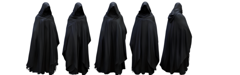 Set of black hooded cloaks with faces covered, full-body view, character design sheet, isolated on a transparent background png 
