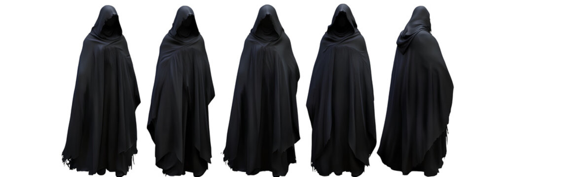 Set of black hooded cloaks with faces covered, full-body view, character design sheet, isolated on a transparent background png 