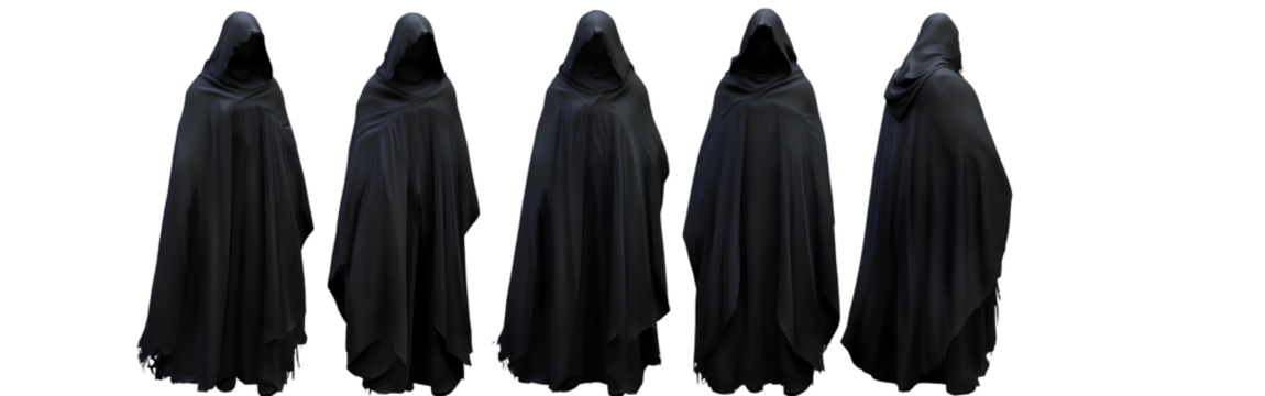Set of black hooded cloaks with faces covered, full-body view, character design sheet, isolated on a transparent background png 
