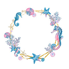 Circle frame of the sea pink blue beach, seahorse, shell, coral, starfish, summer banner Hand drawn illustration on a transparent background