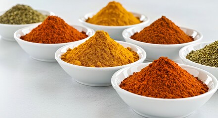 Various Ground Spices (Turmeric, Paprika, Black Pepper) Neatly Presented in Simple White Ceramic Bowls