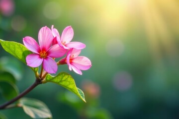 Soft pink flowers and green leaves on a blurred background, soft, garden