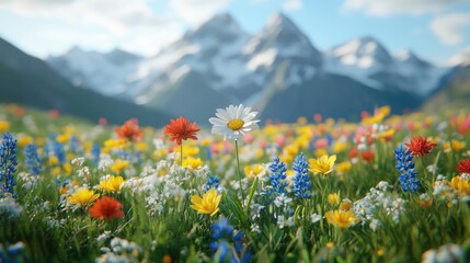 Wildflowers bloom in alpine meadow, mountains background; nature scene