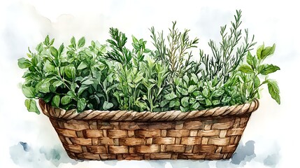 Fototapeta premium Watercolor Painting of Herbs in a Woven Basket