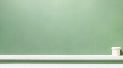 Lush green wall background featuring a minimalist white table with a stylish cup on top
