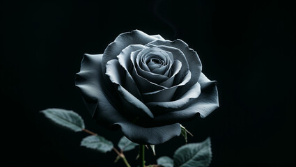 Fototapeta premium A single steel-grey rose partially hidden in darkness, with gentle highlights tracing its petal edges. The deep black background enhances its mysterious and moody aesthetic.