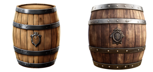 Wooden barrel with metal banding and an emblem on the front, in a transparent background