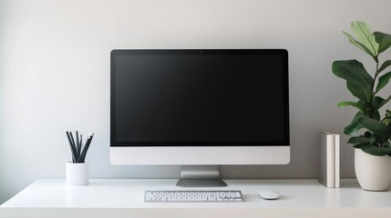 Minimalist Workspace Setup: Modern Computer, Plant, and Stylish Accessories