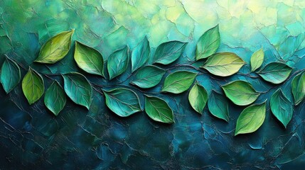 Green leaves branch, textured background, nature art, wall decor