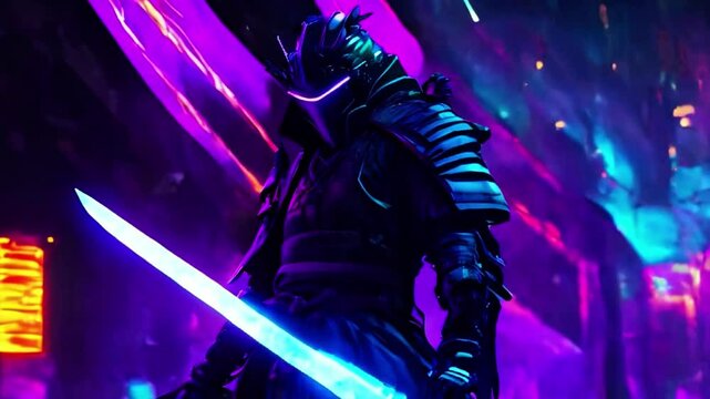 Futuristic samurai with glowing big sword in neon colorful abstract city background. Samurai ninja warrior with a sword in hand in abstract colorful background at night cinematic view