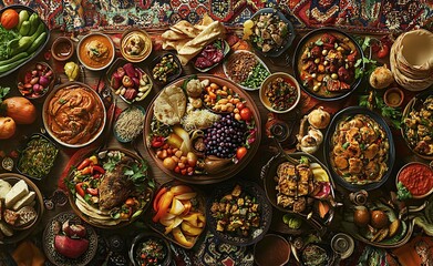 Delicious International Food Feast Table Top View Diverse Cuisine meal meat rich plate tasty fresh  