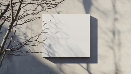Blank square poster on a light beige wall, with a bare tree branch