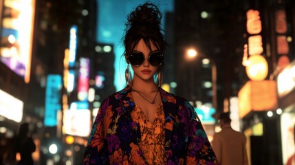 Fototapeta premium Stylish Woman in Floral Jacket Night City Street Fashion Photography