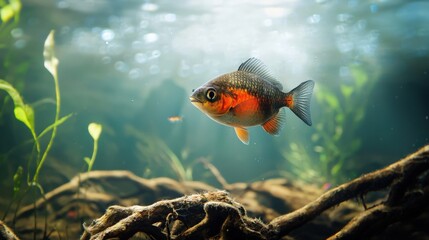 Freshwater fish swimming among tree roots underwater.