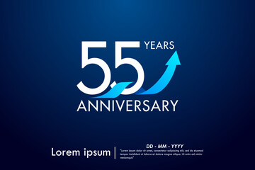 55th years anniversary celebration emblem. anniversary logo isolated with arrow growth up and blue ribbon on dark blue background. vector illustration template design for web, flyers, poster, greeting
