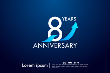 8th years anniversary celebration emblem. anniversary logo isolated with arrow growth up and blue ribbon on dark blue background. vector illustration template design for web, flyers, poster, greeting