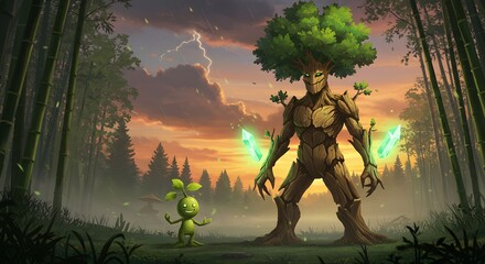 Fototapeta premium Animated Tree Creature with Magic Crystals and Sprout in Forest