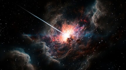 Obraz premium Distant blazar radiating intense light, surrounded by cosmic dust, a mysterious early universe phenomenon. 