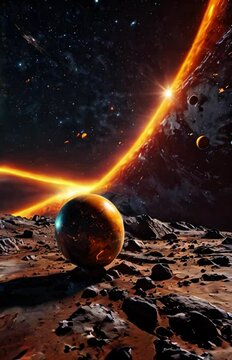 Unexplainable and indescribable space event horizon. Planet, natural satellite, fire, stars, light, curvature in spacetime fabric curve gravity space science cosmology 