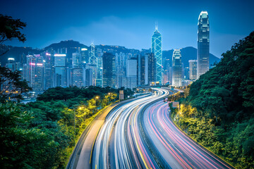 Fototapeta premium A city skyline at night with the lights of cars and trucks on an overpass