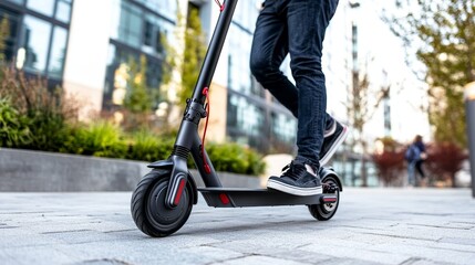 Obraz premium Male adult riding electric scooter on urban street with modern buildings in background