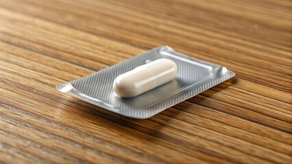 A single capsule rests on a metallic blister pack, positioned on a wood surface