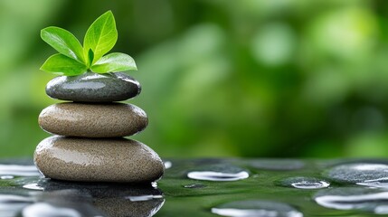 Obraz premium Zen garden stacked stones and green plant against blurred natural background