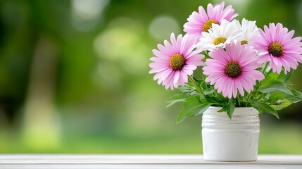 Fototapeta premium Pink and white daisies in a white vase on wooden table with blurred green background