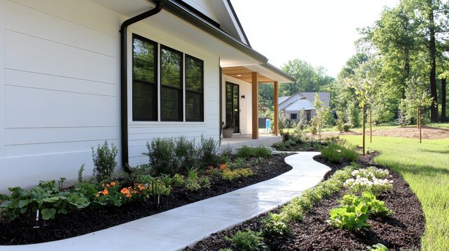 Modern suburban home with manicured garden and curved pathway
